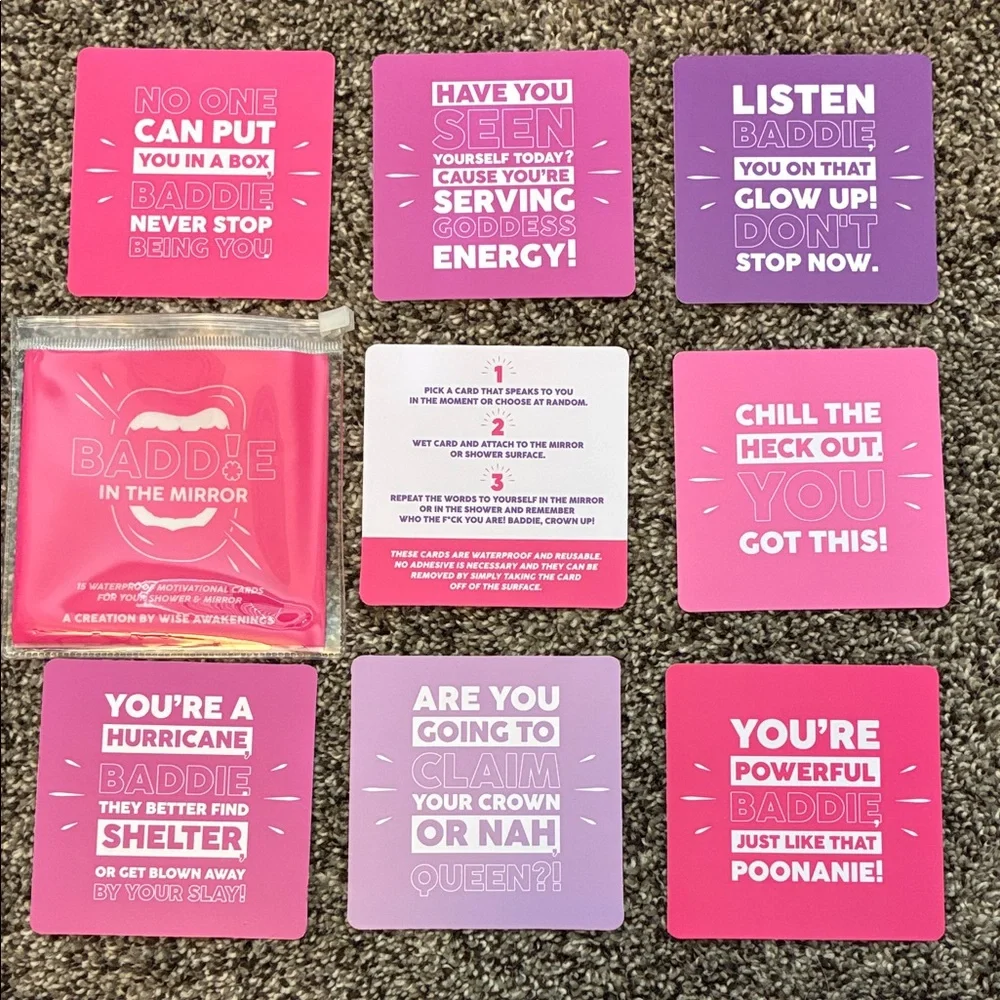 Motivational Shower and Mirror Cards Set - Waterproof, 15 cards, pink/purple